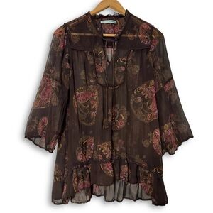 Maurices Bell Sleeve Ruffle Blouse Tassel Tie Neck Paisley Brown